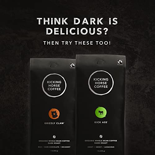 Kicking Horse Coffee 454 Horse Power Whole Bean Coffee, Dark Roast, Certified Organic, Fairtrade, Kosher, 1 lb (454g), Ultra-Dark Heavy Bodied Beans with Sweet Tobacco and Cacao Notes