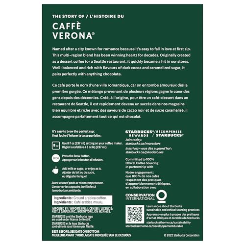 Starbucks Caffe Verona Coffee Pods, Keurig K-Cup Compatible Capsules, Rich Dark Roast, 24 Count, Full-Bodied Dark Roast with Roasty Sweet Profile