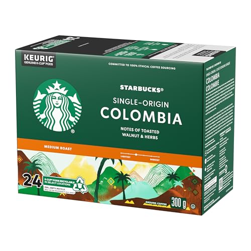 Starbucks Single Origin Colombia Coffee Pods, Keurig K-Cup Compatible Capsules, Medium Roast, 24 Count, Balanced and Round Single-Origin Taste with Juicy Notes