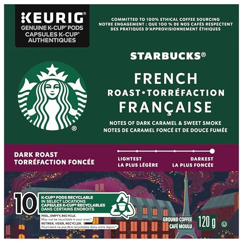 Starbucks French Roast Coffee Pods, Keurig K-Cup Compatible Capsules, Intense Dark Roast, 10 Count, Deep and Smoky Low-Acidity Finish