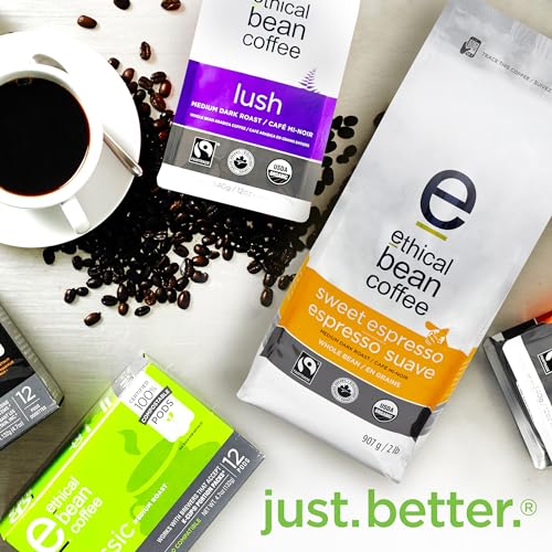Ethical Bean Coffee Sweet Espresso Whole Bean Coffee Bulk Pack, Medium-Dark Roast, Certified Organic, Fairtrade, Kosher, 2 lb (907g), Case of 6 Bags, Wholesale Supply Velvet Crema Espresso Beans