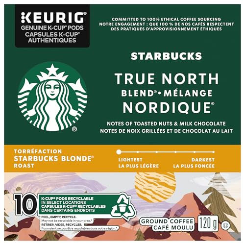 Starbucks True North Blend Coffee Pods, Keurig K-Cup Compatible Capsules, Blonde Roast, 10 Count, Mellow and Easy-Drinking Light Taste