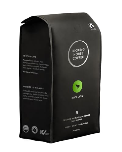 Kicking Horse Coffee Kick Ass Whole Bean Coffee Bulk Pack, Dark Roast, Certified Organic, Fairtrade, Kosher, 30 oz (850g), Case of 6 Bags, Sweet and Smoky Profile for Drip and Espresso