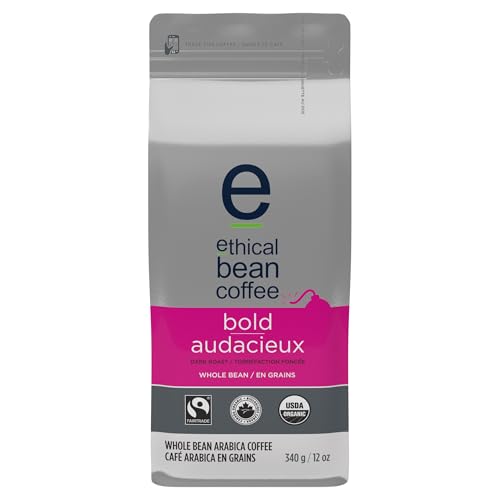 Ethical Bean Coffee Bold Whole Bean Coffee, Dark Roast, Certified Organic, Fairtrade, Kosher, 12 oz (340g), Intense and Intense Roast Beans with Edgy Sweetness for French Press