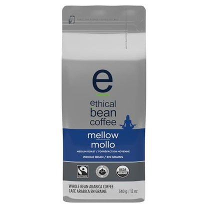 Ethical Bean Coffee Mellow Whole Bean Coffee, Medium-Light Roast, Certified Organic, Fairtrade, Kosher, 12 oz (340g), Smooth and Mild Nutty Profile Beans for Easy-Drinking Morning Cup