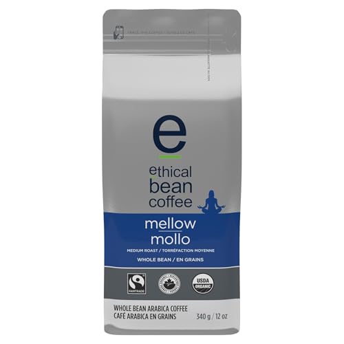 Ethical Bean Coffee Mellow Whole Bean Coffee, Medium-Light Roast, Certified Organic, Fairtrade, Kosher, 12 oz (340g), Smooth and Mild Nutty Profile Beans for Easy-Drinking Morning Cup