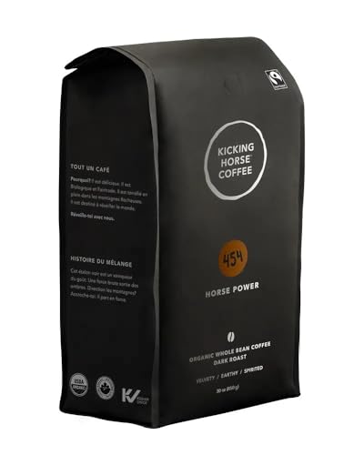 Kicking Horse Coffee 454 Horse Power Whole Bean Coffee Bulk Pack, Dark Roast, Certified Organic, Fairtrade, Kosher, 30 oz (850g), Case of 6 Bags, Exceptionally Smooth Heavy Bodied Beans