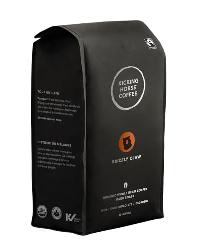 Kicking Horse Coffee Grizzly Claw Whole Bean Coffee Bulk Pack, Dark Roast, Certified Organic, Fairtrade, Kosher, 30 oz (850g), Case of 6 Bags, Decadent and Rich Beans with Dark Chocolate Notes