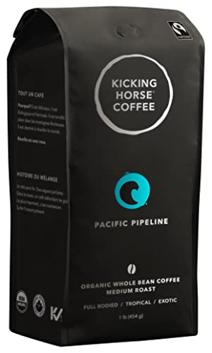 Kicking Horse Coffee Pacific Pipeline Whole Bean Coffee, Medium Roast, Certified Organic, Fairtrade, Kosher, 1 lb (454g), Balanced Single Origin Style Beans with Sweet Berry Notes