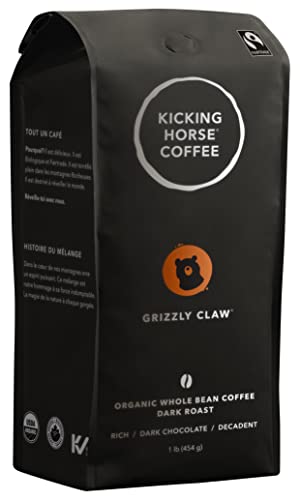 Kicking Horse Coffee Grizzly Claw Whole Bean Coffee, Dark Roast, Certified Organic, Fairtrade, Kosher, 1 lb (454g), Rich and Earthy Pod-Free Beans with Dark Chocolate and Cacao Notes