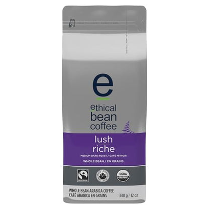 Ethical Bean Coffee Lush Whole Bean Coffee, Medium-Dark Roast, Certified Organic, Fairtrade, Kosher, 12 oz (340g), Rich and Heavy Bodied Beans with Fruit and Earthy Undertones