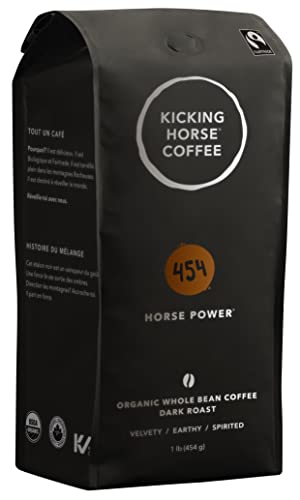 Kicking Horse Coffee 454 Horse Power Whole Bean Coffee, Dark Roast, Certified Organic, Fairtrade, Kosher, 1 lb (454g), Ultra-Dark Heavy Bodied Beans with Sweet Tobacco and Cacao Notes