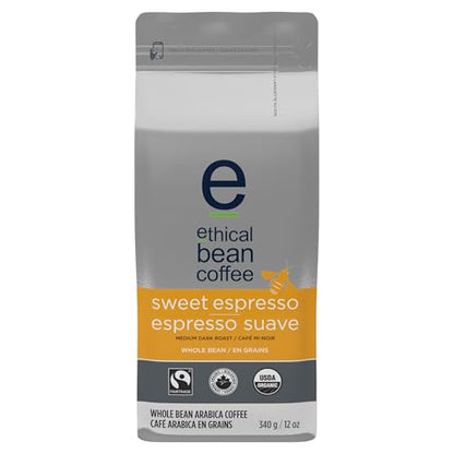 Ethical Bean Coffee Sweet Espresso Whole Bean Coffee, Medium-Dark Roast, Certified Organic, Fairtrade, Kosher, 12 oz (340g), Multidimension Espresso Beans with Baker's Chocolate Notes