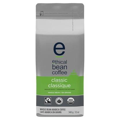 Ethical Bean Coffee Classic Whole Bean Coffee, Medium Roast, Certified Organic, Fairtrade, Kosher, 12 oz (340g), Elegant and Elegant Balanced Mid-Roast Beans for Everyday Drip Coffee