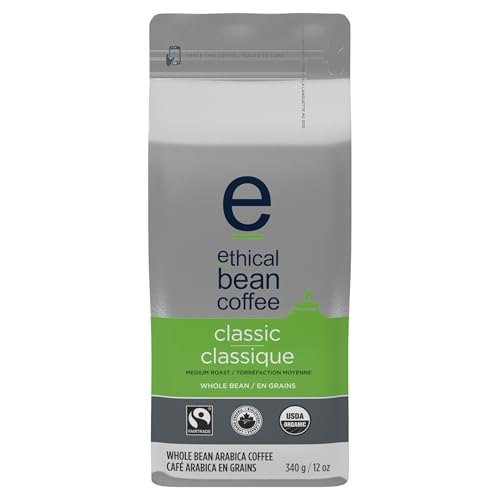 Ethical Bean Coffee Classic Whole Bean Coffee, Medium Roast, Certified Organic, Fairtrade, Kosher, 12 oz (340g), Elegant and Elegant Balanced Mid-Roast Beans for Everyday Drip Coffee