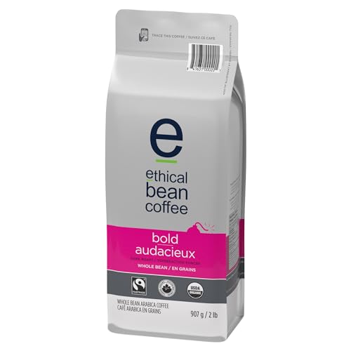 Ethical Bean Coffee Bold Whole Bean Coffee, Dark Roast, Certified Organic, Fairtrade, Kosher, 2 lb (907g), Large Value Size Intense Beans with Edgy Sweetness for Drip and Espresso