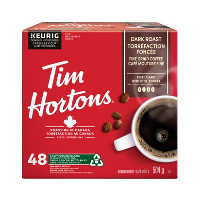 Tim Hortons Dark Roast Coffee Pods, Keurig K-Cup Compatible Capsules, Rich Dark Roast, 48 Count, Deep and Smooth Low-Acidity Finish
