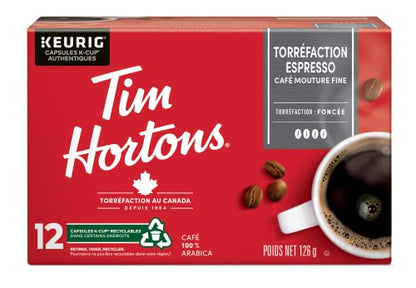 Tim Hortons Espresso Roast Coffee Pods, Keurig K-Cup Compatible Capsules, Dark Espresso Style, 12 Count, Rich and Concentrated Base for Home Latte and Cappuccino