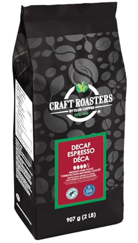 Club Coffee Craft Roasters Decaf Espresso Deca Whole Bean Coffee, Dark Roast, 2 lb (907g), Swiss Water Process Decaffeinated Espresso Beans with Smooth Cocoa Notes