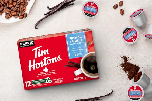 Tim Hortons French Vanilla Flavoured Coffee Pods, Keurig K-Cup Compatible Capsules, Light Roast, 12 Count, Fragrant Dessert Style Sweet Vanilla Coffee
