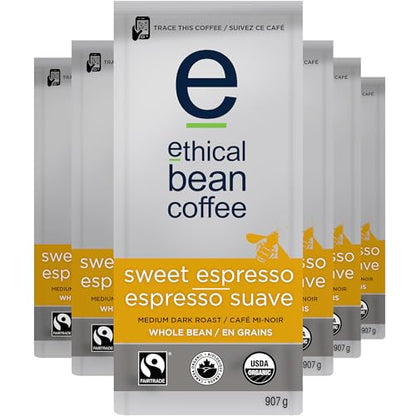 Ethical Bean Coffee Sweet Espresso Whole Bean Coffee Bulk Pack, Medium-Dark Roast, Certified Organic, Fairtrade, Kosher, 2 lb (907g), Case of 6 Bags, Wholesale Supply Velvet Crema Espresso Beans