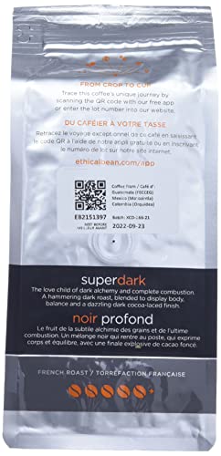 Ethical Bean Coffee Superdark Whole Bean Coffee Bulk Pack, Ultra-Dark Roast, Certified Organic, Fairtrade, Kosher, 12 oz (340g), Case of 6 Bags, Powerful Heavy-Bodied Extreme Roast Beans