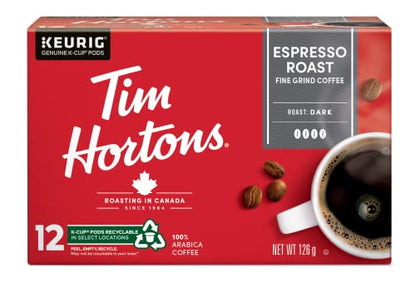 Tim Hortons Espresso Roast Coffee Pods, Keurig K-Cup Compatible Capsules, Dark Espresso Style, 12 Count, Rich and Concentrated Base for Home Latte and Cappuccino