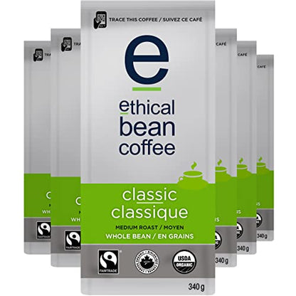 Ethical Bean Coffee Classic Whole Bean Coffee Bulk Pack, Medium Roast, Certified Organic, Fairtrade, Kosher, 12 oz (340g), Case of 6 Bags, Traditional Balanced Everyday Multi-Origin Blend