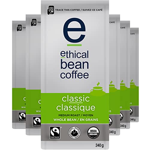 Ethical Bean Coffee Classic Whole Bean Coffee Bulk Pack, Medium Roast, Certified Organic, Fairtrade, Kosher, 12 oz (340g), Case of 6 Bags, Traditional Balanced Everyday Multi-Origin Blend
