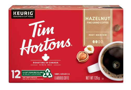 Tim Hortons Hazelnut Flavoured Coffee Pods, Keurig K-Cup Compatible Capsules, Light-Medium Roast, 12 Count, Toasted Nut and Nutty Sweet Bakery Notes