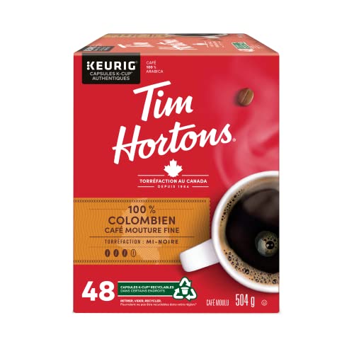 Tim Hortons 100% Colombian Coffee Pods, Keurig K-Cup Compatible Capsules, Medium Roast, 48 Count, Balanced Single Origin Taste with Distinctive Aromatics