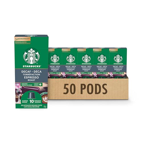 Starbucks by Nespresso Decaf Espresso Roast Coffee Capsules, OriginalLine Compatible, Dark Roast Decaffeinated, Aluminium, 50 Count (5 x 10), Bold Caffeine-Free Pods for Latte