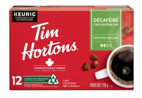 Tim Hortons Decaf Coffee Pods, Keurig K-Cup Compatible Capsules, Medium Roast Decaffeinated, 12 Count, Smooth Everyday Caffeine-Free Blend