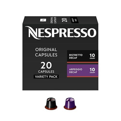 Nespresso Original Dark Roast Decaffeinated Variety Pack Coffee Capsules, High Intensity Espresso Pods, Aluminium, 20 Count (2 x 10), Decaf Arabica and Robusta Blend for Espresso (1.35 oz / 40ml), Pods for Latte and Cappuccino