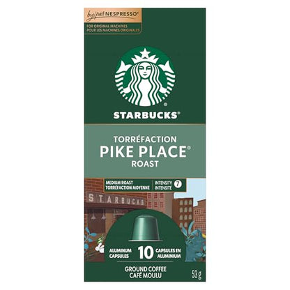 Starbucks by Nespresso Pike Place Roast Coffee Capsules, OriginalLine Compatible, Medium Roast, Aluminium, 10 Count, Smooth Lungo Pods with Chocolate and Toasted Nut Notes