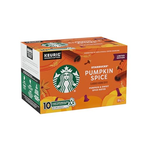 Starbucks Pumpkin Spice Flavoured Coffee Pods, Keurig K-Cup Compatible Capsules, Limited Edition Blonde Roast, 10 Count, Sweet Warm Cinnamon and Nutmeg Notes