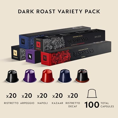 Nespresso Original Dark Roast Assorted Variety Pack Coffee Capsules, High Intensity Espresso Pods, Aluminium, 100 Count (10 x 10), Bold Arabica and Robusta Blend for Ristretto and Espresso, Pods for Latte and Cappuccino