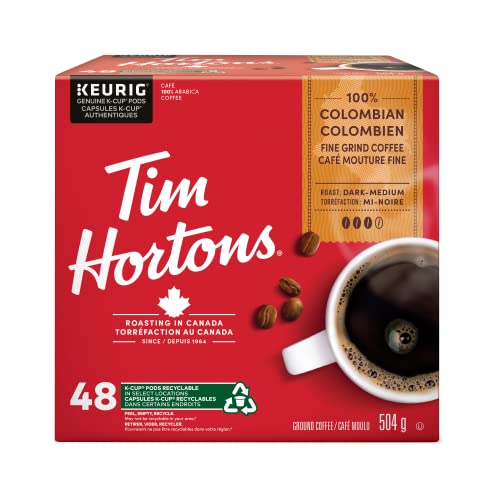 Tim Hortons 100% Colombian Coffee Pods, Keurig K-Cup Compatible Capsules, Medium Roast, 48 Count, Balanced Single Origin Taste with Distinctive Aromatics