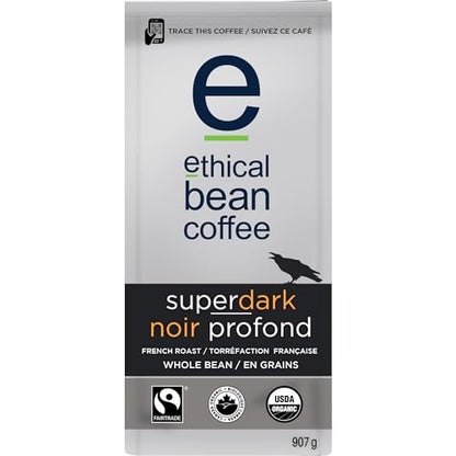 Ethical Bean Coffee Superdark Whole Bean Coffee, Ultra-Dark Roast, Certified Organic, Fairtrade, Kosher, 2 lb (907g), Large Value Size Bold Beans with Smoky Dark Chocolate Profile