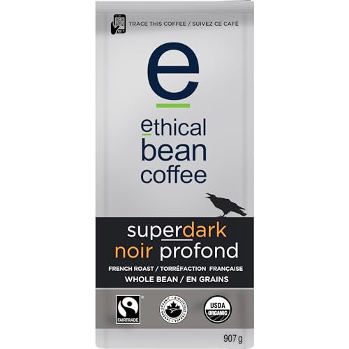 Ethical Bean Coffee Superdark Whole Bean Coffee, Ultra-Dark Roast, Certified Organic, Fairtrade, Kosher, 2 lb (907g), Large Value Size Bold Beans with Smoky Dark Chocolate Profile