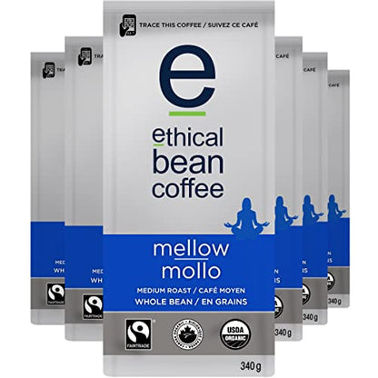 Ethical Bean Coffee Mellow Whole Bean Coffee Bulk Pack, Medium-Light Roast, Certified Organic, Fairtrade, Kosher, 12 oz (340g), Case of 6 Bags, Smooth and Light Nutty Breakfast Coffee