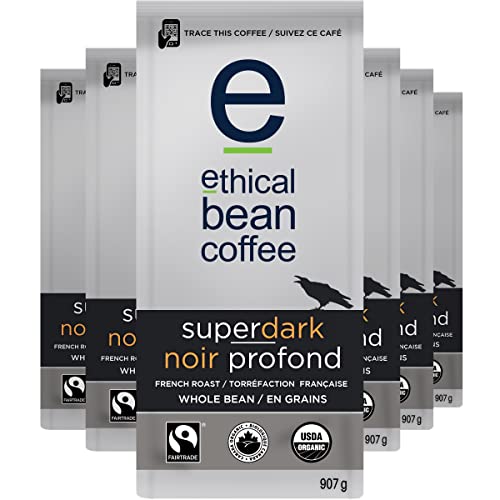 Ethical Bean Coffee Superdark Whole Bean Coffee Bulk Pack, Ultra-Dark Roast, Certified Organic, Fairtrade, Kosher, 2 lb (907g), Case of 6 Bags, Wholesale Supply Powerful Extreme Roast Beans