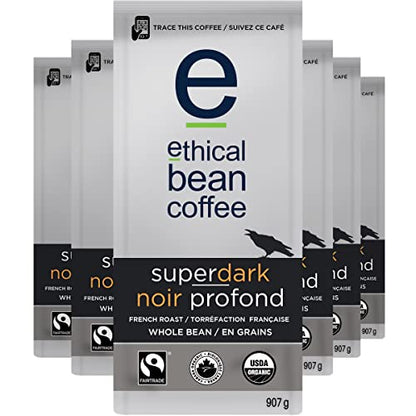Ethical Bean Coffee Superdark Whole Bean Coffee Bulk Pack, Ultra-Dark Roast, Certified Organic, Fairtrade, Kosher, 2 lb (907g), Case of 6 Bags, Wholesale Supply Powerful Extreme Roast Beans