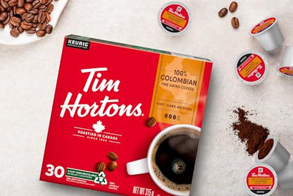 Tim Hortons 100% Colombian Coffee Pods, Keurig K-Cup Compatible Capsules, Medium Roast, 30 Count, Smooth Single Origin Coffee with Fruity Undertones