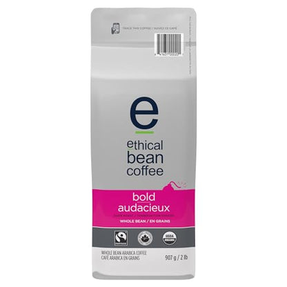 Ethical Bean Coffee Bold Whole Bean Coffee, Dark Roast, Certified Organic, Fairtrade, Kosher, 2 lb (907g), Large Value Size Intense Beans with Edgy Sweetness for Drip and Espresso