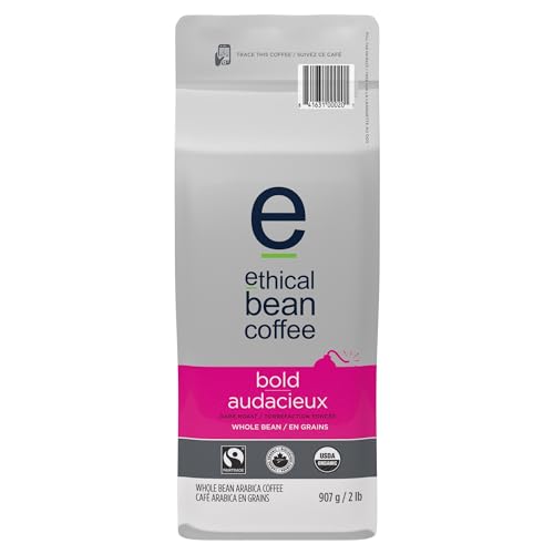 Ethical Bean Coffee Bold Whole Bean Coffee, Dark Roast, Certified Organic, Fairtrade, Kosher, 2 lb (907g), Large Value Size Intense Beans with Edgy Sweetness for Drip and Espresso