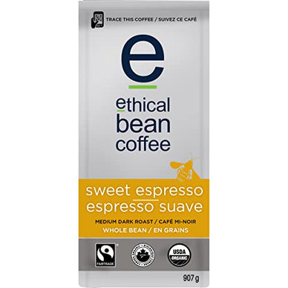 Ethical Bean Coffee Sweet Espresso Whole Bean Coffee, Medium-Dark Roast, Certified Organic, Fairtrade, Kosher, 2 lb (907g), Large Value Size Premium Crema Beans for Latte and Cappuccino