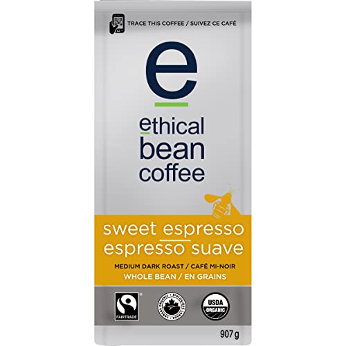 Ethical Bean Coffee Sweet Espresso Whole Bean Coffee, Medium-Dark Roast, Certified Organic, Fairtrade, Kosher, 2 lb (907g), Large Value Size Premium Crema Beans for Latte and Cappuccino