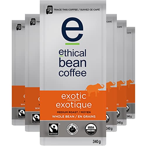 Ethical Bean Coffee Exotic Whole Bean Coffee Bulk Pack, Medium Roast, Certified Organic, Fairtrade, Kosher, 12 oz (340g), Case of 6 Bags, Single Origin Style Bright Floral Beans