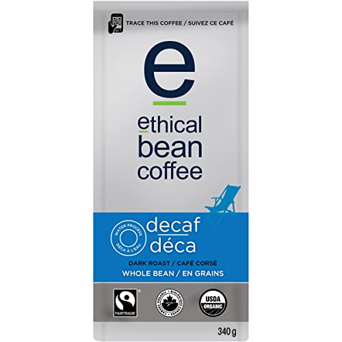 Ethical Bean Coffee Decaf Whole Bean Coffee, Dark Roast, Certified Organic, Fairtrade, Kosher, 12 oz (340g), Swiss Water Process Caffeine-Free Beans with All-Mouthfeel and Sweet Finish